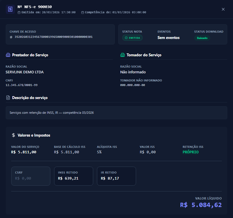 Detalhe da NFS-e no ServLink com chave de acesso, prestador, tomador, ISS, INSS e IR retidos e valor líquido